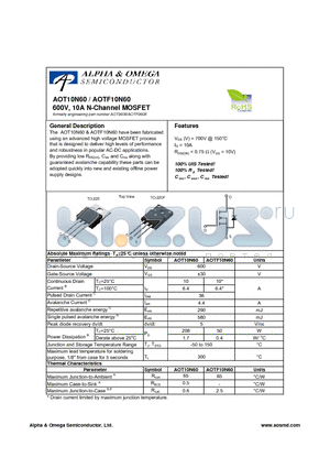 AOT9608 datasheet - 600V, 10A N-Channel MOSFET