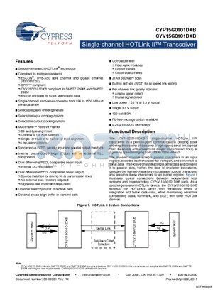 CYV15G0101DXB datasheet - Single-channel HOTLink II Transceiver Compliant to multiple standards