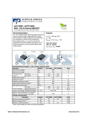 AOTF10N60 datasheet - 600V, 10A N-Channel MOSFET