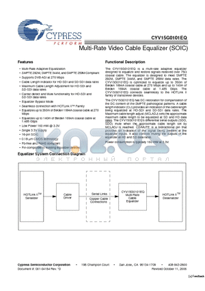 CYV15G0101EQ-SXC datasheet - Multi-Rate Video Cable Equalizer (SOIC)