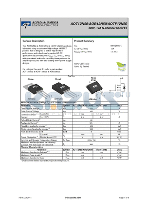 AOTF12N50 datasheet - 500V, 12A N-Channel MOSFET