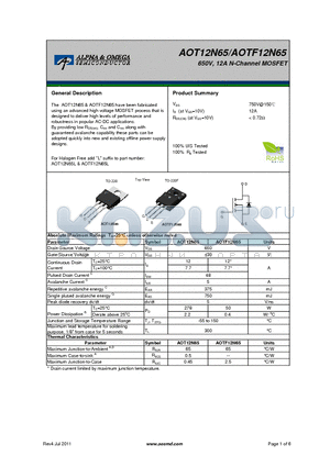 AOTF12N65 datasheet - 650V, 12A N-Channel MOSFET