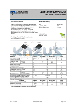 AOTF13N50 datasheet - 500V, 13A N-Channel MOSFET