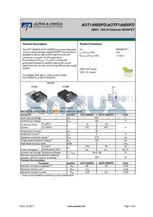 AOTF14N50FD datasheet - 500V, 14A N-Channel MOSFET