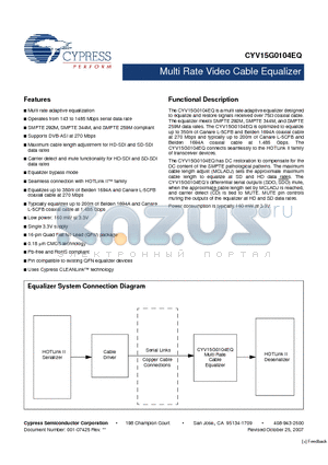 CYV15G0104EQ datasheet - Multi Rate Video Cable Equalizer