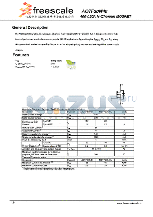 AOTF20N40 datasheet - 400V,20A N-Channel MOSFET