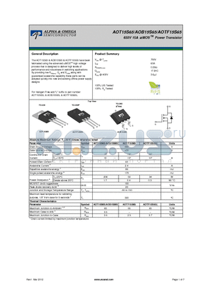 AOTF15S65 datasheet - 650V 15A a MOS Power Transistor