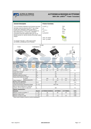 AOTF20S60 datasheet - 600V 20A a MOS Power Transistor