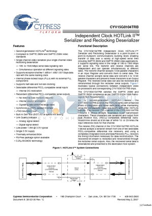 CYV15G0104TRB-BGXC datasheet - Independent Clock HOTLink II Serializer and Reclocking Deserializer