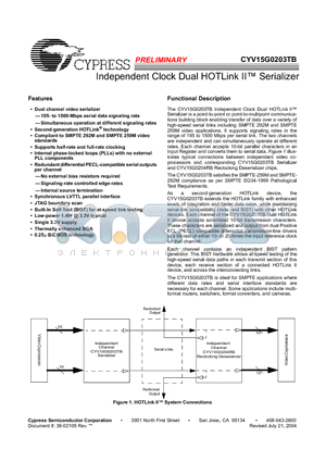 CYV15G0203TB-BGC datasheet - Independent Clock Dual HOTLink II Serializer