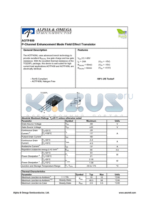 AOTF409 datasheet - P-Channel Enhancement Mode Field Effect Transistor