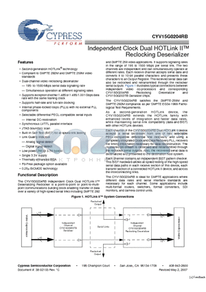 CYV15G0204RB_09 datasheet - Independent Clock Dual HOTLink II Reclocking Deserializer