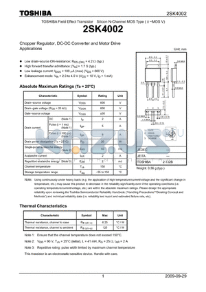 2SK4002 datasheet - Chopper Regulator, DC-DC Converter and Motor Drive Applications