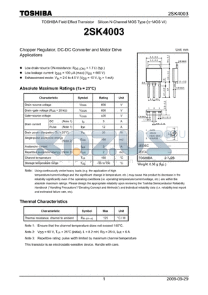2SK4003 datasheet - Chopper Regulator, DC-DC Converter and Motor Drive