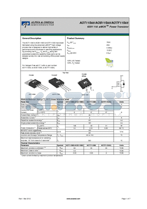 AOTF11S65 datasheet - 650V 11A a MOS Power Transistor