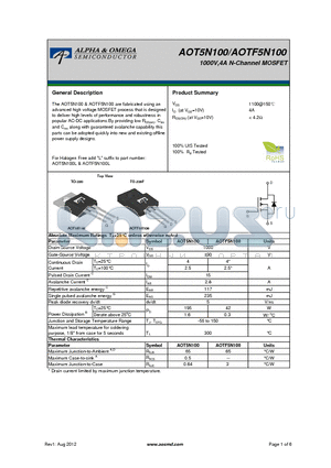 AOTF5N100 datasheet - 1000V,4A N-Channel MOSFET