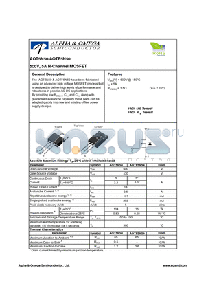 AOTF5N50 datasheet - 500V, 5A N-Channel MOSFET