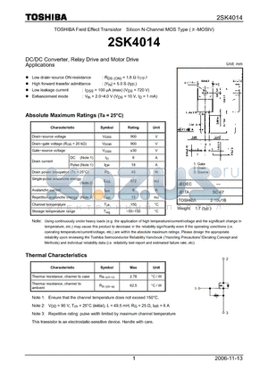 2SK4014 datasheet - Silicon N-Channel MOS Type DC/DC Converter, Relay Drive and Motor Drive Applications