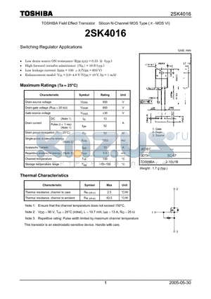 2SK4016 datasheet - Silicon N-Channel MOS Type Switching Regulator Applications