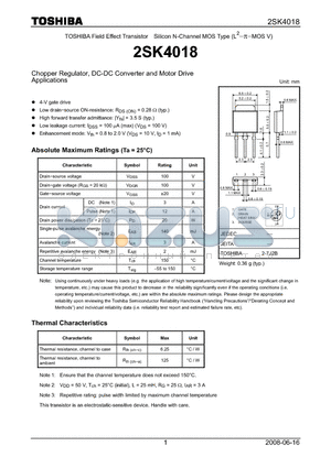 2SK4018 datasheet - Chopper Regulator, DC-DC Converter and Motor Drive Applications