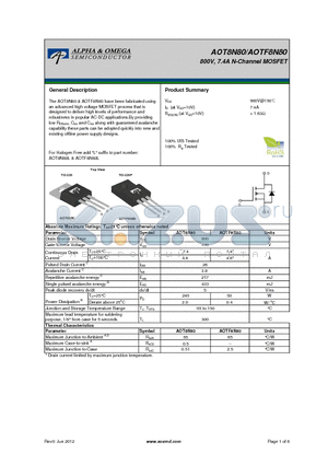 AOTF8N80 datasheet - 800V, 7.4A N-Channel MOSFET