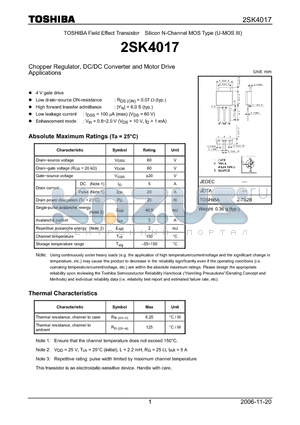 2SK4017 datasheet - Silicon N-Channel MOS Type Chopper Regulator, DC/DC Converter and Motor Drive Applications