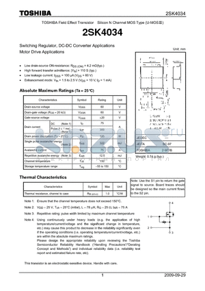 2SK4034 datasheet - Switching Regulator, DC-DC Converter Applications Motor Drive Applications