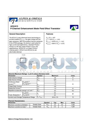 AOU413 datasheet - P-Channel Enhancement Mode Field Effect Transistor