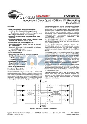 CYV15G0404RB datasheet - Independent Clock Quad HOTLink Reclocking Deserializer