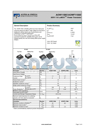 AOW11S65 datasheet - 650V 11A a MOS TM Power Transistor