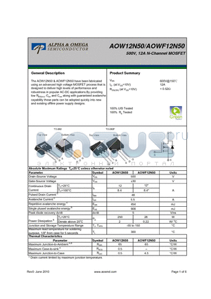 AOW12N50 datasheet - 500V, 12A N-Channel MOSFET