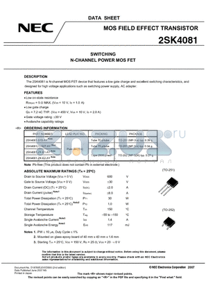2SK4081-S15-AY datasheet - SWITCHING N-CHANNEL POWER MOS FET