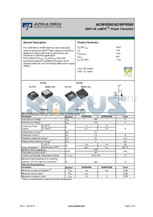 AOW4S60 datasheet - 600V 4A a MOS TM Power Transistor