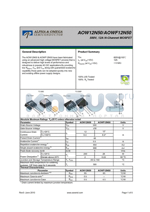 AOWF12N50 datasheet - 500V, 12A N-Channel MOSFET