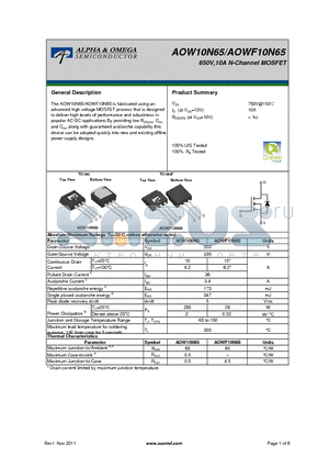 AOWF10N65 datasheet - 650V,10A N-Channel MOSFET