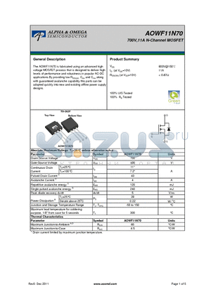 AOWF11N70 datasheet - 700V,11A N-Channel MOSFET