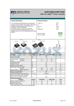 AOWF15S60 datasheet - 600V 15A a MOS POWER Transistor