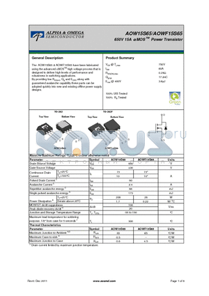 AOWF15S65 datasheet - 650V 15A a MOS TM Power Transistor