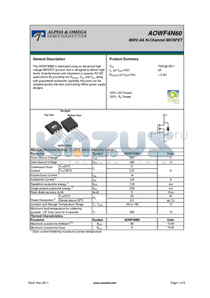 AOWF4N60 datasheet - 600V,4A N-Channel MOSFET