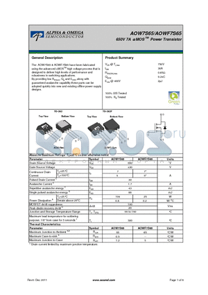 AOWF7S65 datasheet - 650V 7A a MOS TM Power Transistor