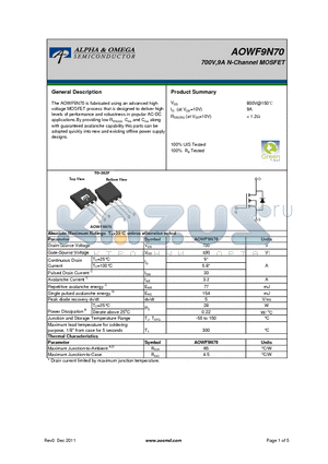 AOWF9N70 datasheet - 700V,9A N-Channel MOSFET