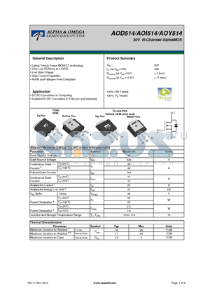 AOY514 datasheet - 30V N-Channel AlphaMOS