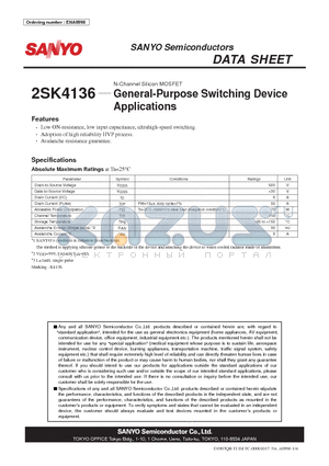 2SK4136 datasheet - N-Channel Silicon MOSFET General-Purpose Switching Device Applications