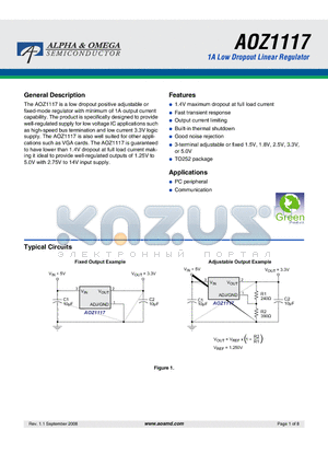 AOZ1117 datasheet - 1A Low Dropout Linear Regulator