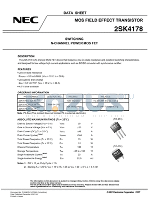 2SK4178-ZK-E2-AY datasheet - MOS FIELD EFFECT TRANSISTOR SWITCHING N-CHANNEL POWER MOS FET