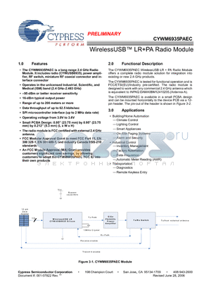 CYWM6935PAEC datasheet - WirelessUSB LRPA Radio Module