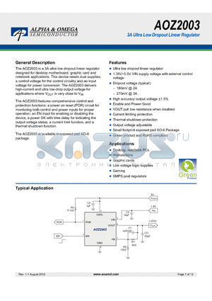 AOZ2003 datasheet - 3A Ultra Low Dropout Linear Regulator
