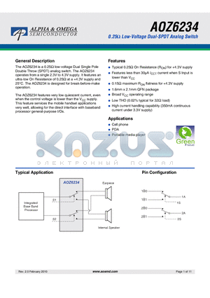 AOZ6234 datasheet - 0.25ohm Low-Voltage Dual-SPDT Analog Switch