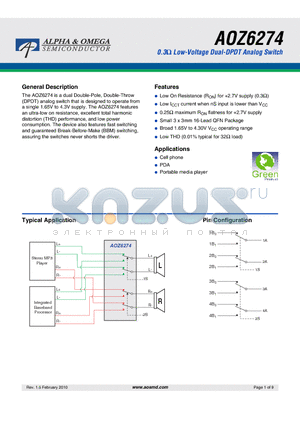 AOZ6274 datasheet - 0.3ohm Low-Voltage Dual-DPDT Analog Switch