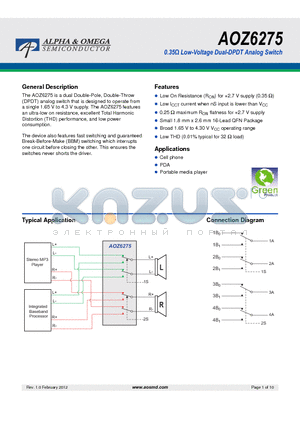 AOZ6275QI datasheet - 0.35ohm Low-Voltage Dual-DPDT Analog Switch
